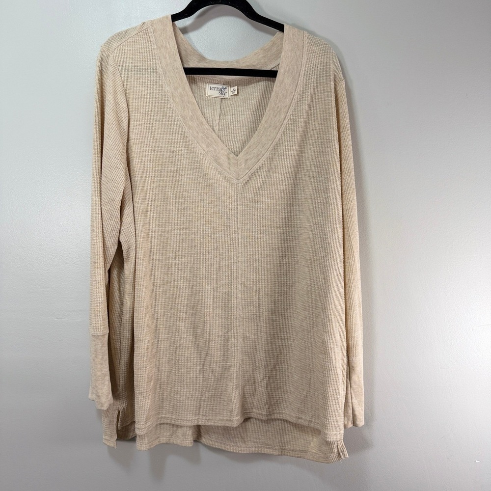 Terra & Sky Womens 3X Waffle Knit V-Neck Tee Oatmeal Heather Long Sleeve Top NWT